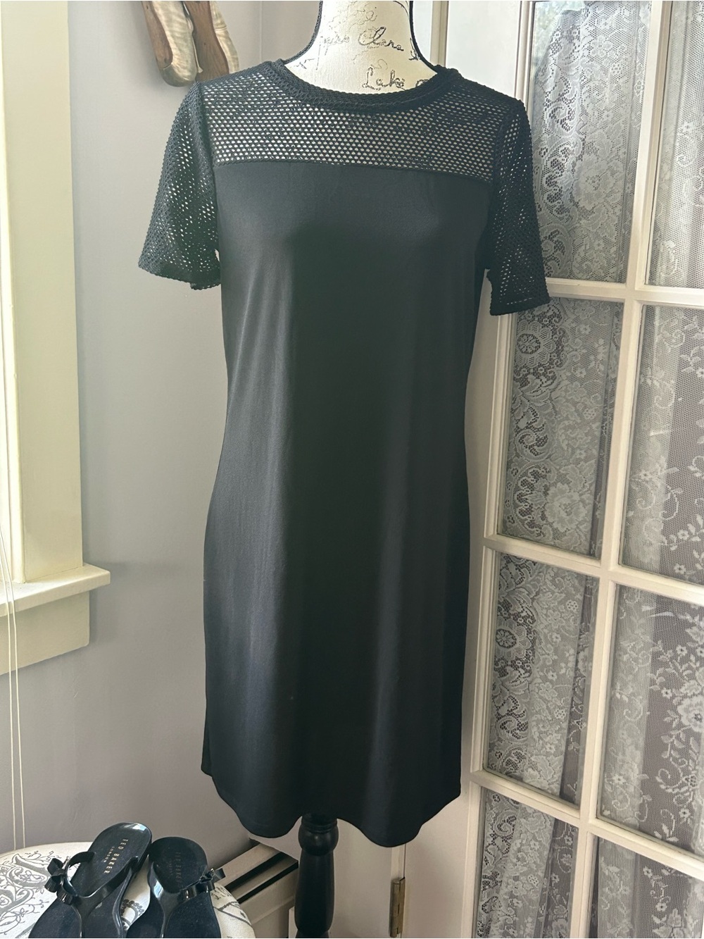MICHAEL Michael Kors Black Short-Sleeve Mesh Yoke Mini Dress NWOT